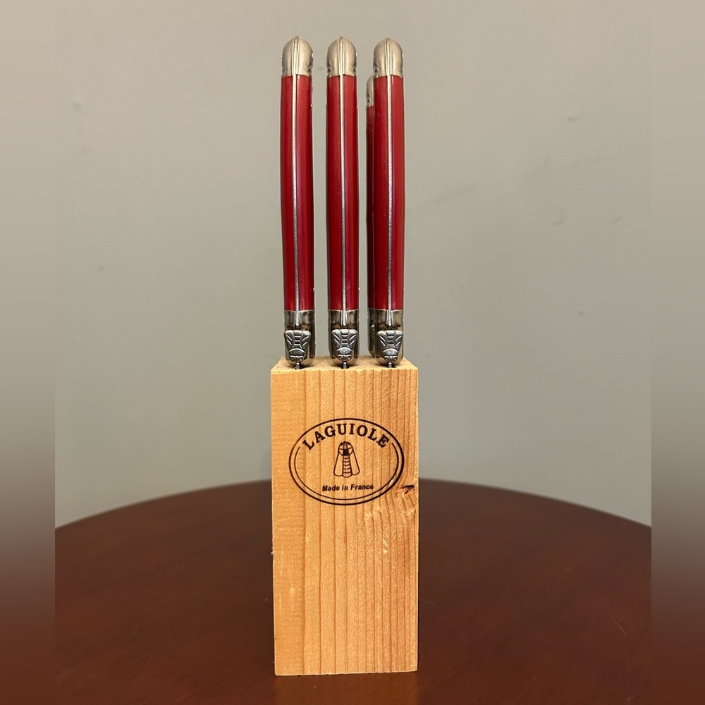 Red Laguiole 6-Piece Steak Knife Set in Wooden Block